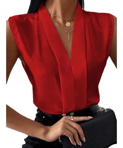 Women's Elegant V Neck Pleated Sleeveless Blouse Chiffon Work Shirt Tank Top Solid Red $13.34 Tanks