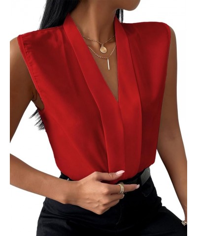 Women's Elegant V Neck Pleated Sleeveless Blouse Chiffon Work Shirt Tank Top Solid Red $13.34 Tanks