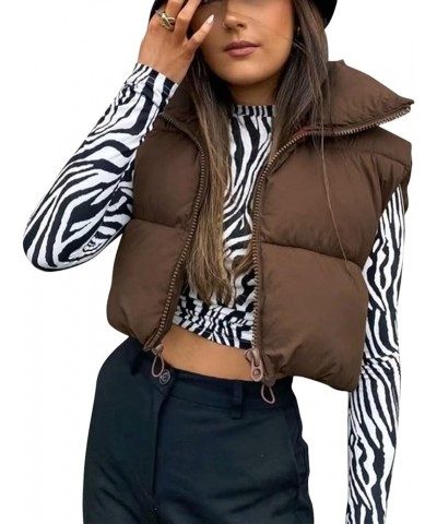 Women Cropped Puffer Vest with Pockets Sleeveless Zipper Winter Warm Outerwear Puffer Vest Padded Gilet Brown (No Pocket) $14...