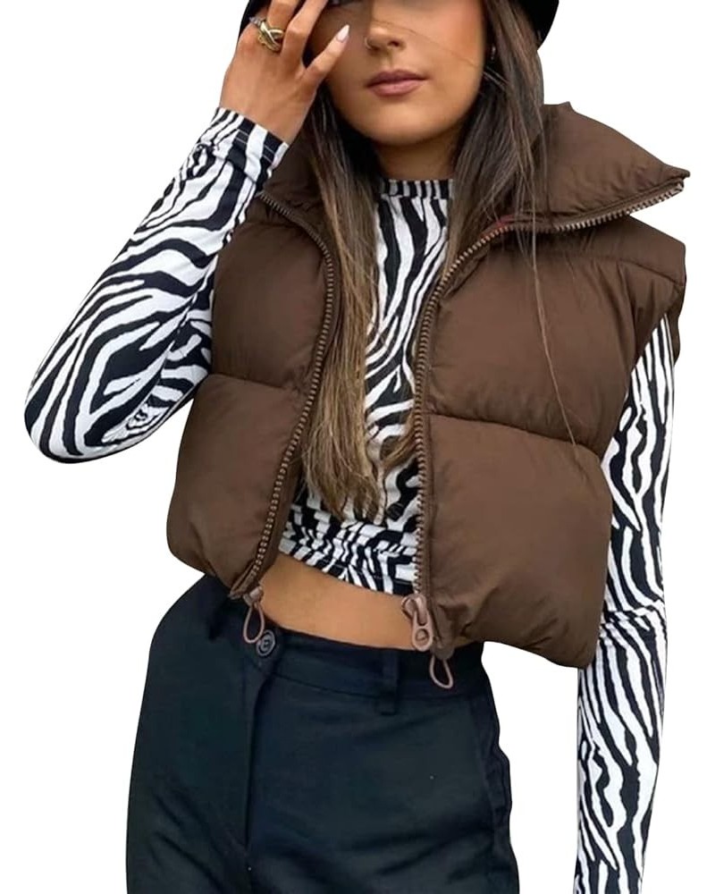 Women Cropped Puffer Vest with Pockets Sleeveless Zipper Winter Warm Outerwear Puffer Vest Padded Gilet Brown (No Pocket) $14...