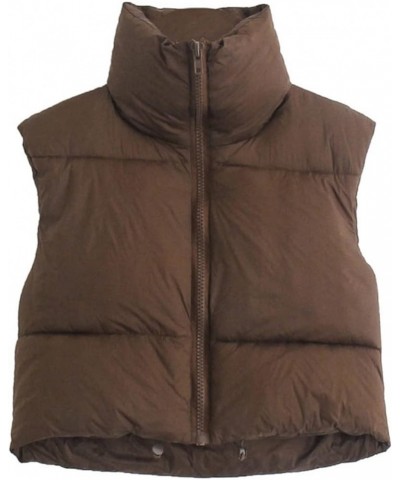 Women Cropped Puffer Vest with Pockets Sleeveless Zipper Winter Warm Outerwear Puffer Vest Padded Gilet Brown (No Pocket) $14...