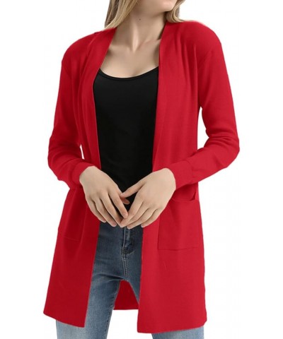 Women's Long Sleeve Open Front Knitting Kimono Cardigan with Pockets Red $23.77 Sweaters