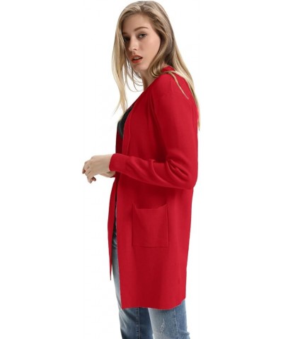 Women's Long Sleeve Open Front Knitting Kimono Cardigan with Pockets Red $23.77 Sweaters