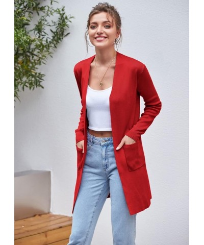 Women's Long Sleeve Open Front Knitting Kimono Cardigan with Pockets Red $23.77 Sweaters