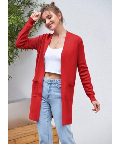 Women's Long Sleeve Open Front Knitting Kimono Cardigan with Pockets Red $23.77 Sweaters