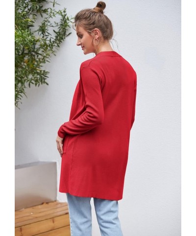 Women's Long Sleeve Open Front Knitting Kimono Cardigan with Pockets Red $23.77 Sweaters