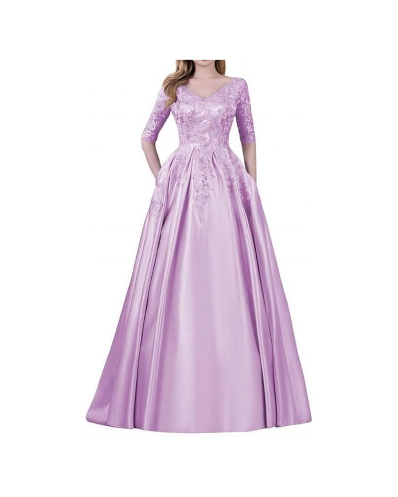 Mother of The Bride Dresses Satin Appliques - Formal Evening Dress V Neck 3/4 Sleeves Lilac $40.70 Dresses