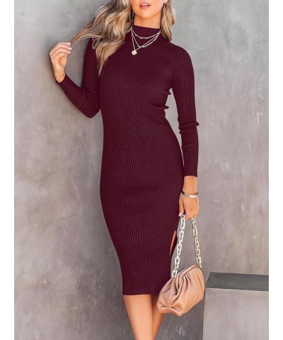 Women's Sweater Dress 2023 Fall Long Sleeve Mock Neck Ribbed Knit Slim Fit Slit Midi Bodycon Dresses 01-wine Red $24.44 Sweaters