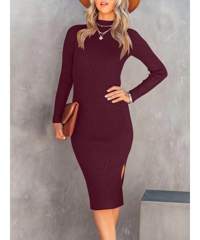 Women's Sweater Dress 2023 Fall Long Sleeve Mock Neck Ribbed Knit Slim Fit Slit Midi Bodycon Dresses 01-wine Red $24.44 Sweaters