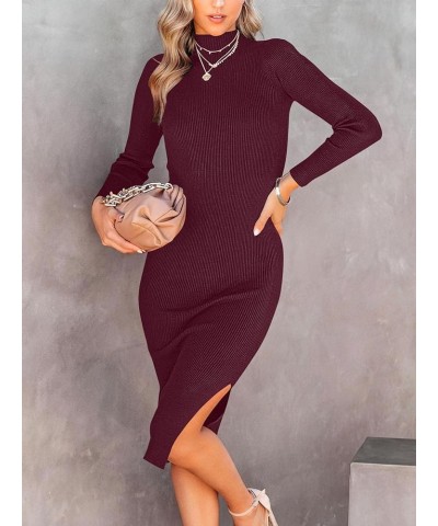 Women's Sweater Dress 2023 Fall Long Sleeve Mock Neck Ribbed Knit Slim Fit Slit Midi Bodycon Dresses 01-wine Red $24.44 Sweaters