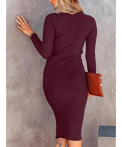 Women's Sweater Dress 2023 Fall Long Sleeve Mock Neck Ribbed Knit Slim Fit Slit Midi Bodycon Dresses 01-wine Red $24.44 Sweaters