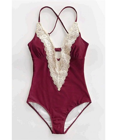 Women's One Piece Vintage Lace Deep V Neck Cutout Swimsuit Red $15.96 Swimsuits