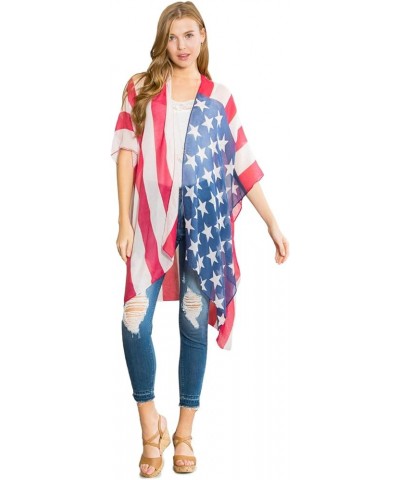 American Flag Patriotic Shawl Wrap Cardi - July 4 USA Stars Stripes Open Kimono Cardigan, Long Vest, Scarf Kimono Cardi - Gra...
