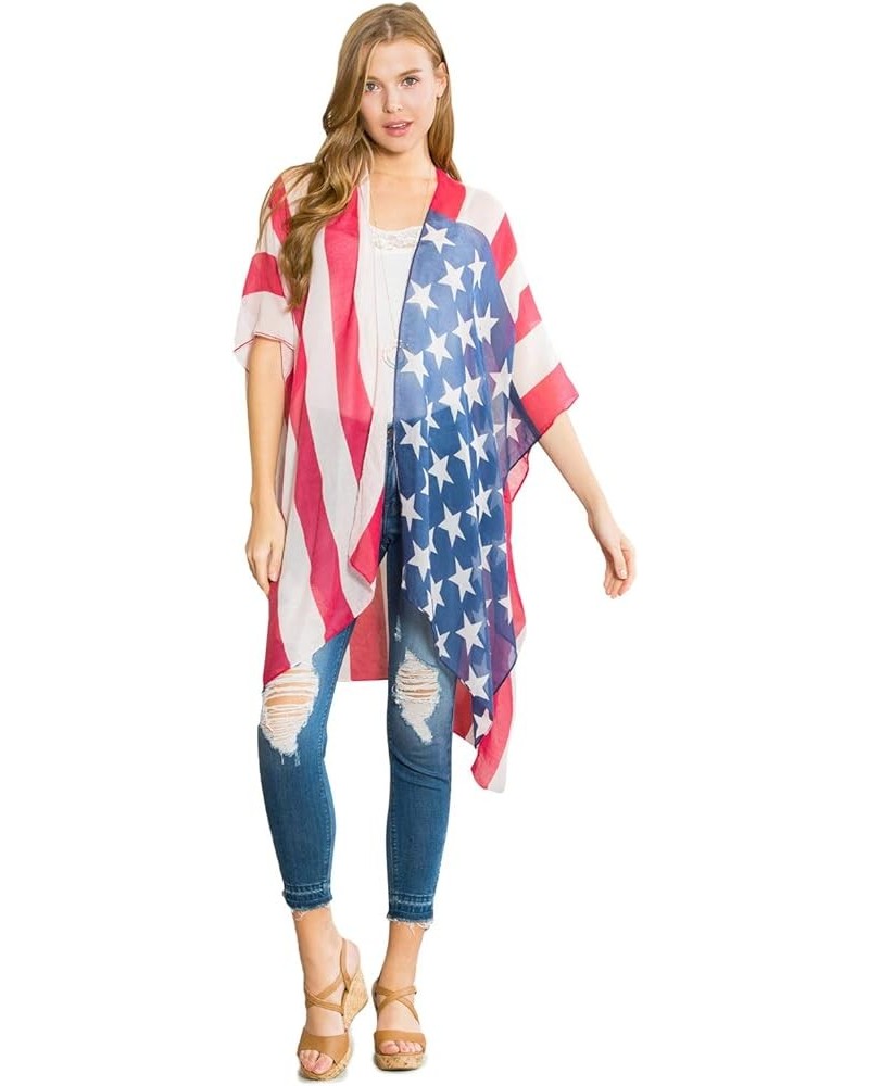 American Flag Patriotic Shawl Wrap Cardi - July 4 USA Stars Stripes Open Kimono Cardigan, Long Vest, Scarf Kimono Cardi - Gra...