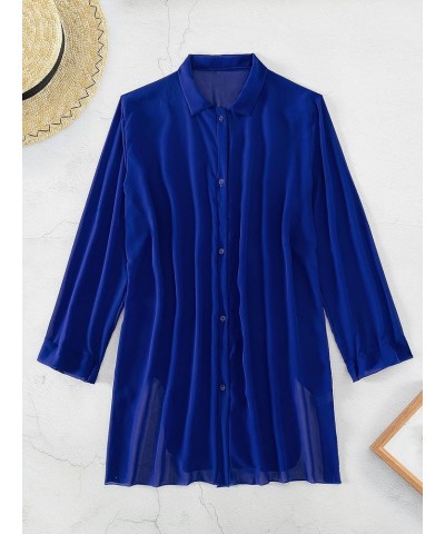 Women's Sheer Button Up Long Sleeve Beach Kimono Cover Up Shirt Sun Dresses Royal Blue $16.79 Swimsuits