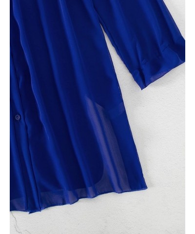 Women's Sheer Button Up Long Sleeve Beach Kimono Cover Up Shirt Sun Dresses Royal Blue $16.79 Swimsuits