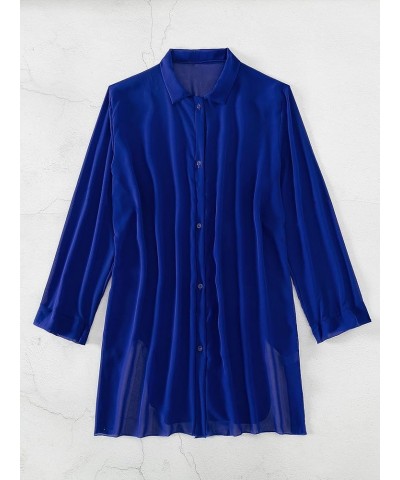 Women's Sheer Button Up Long Sleeve Beach Kimono Cover Up Shirt Sun Dresses Royal Blue $16.79 Swimsuits