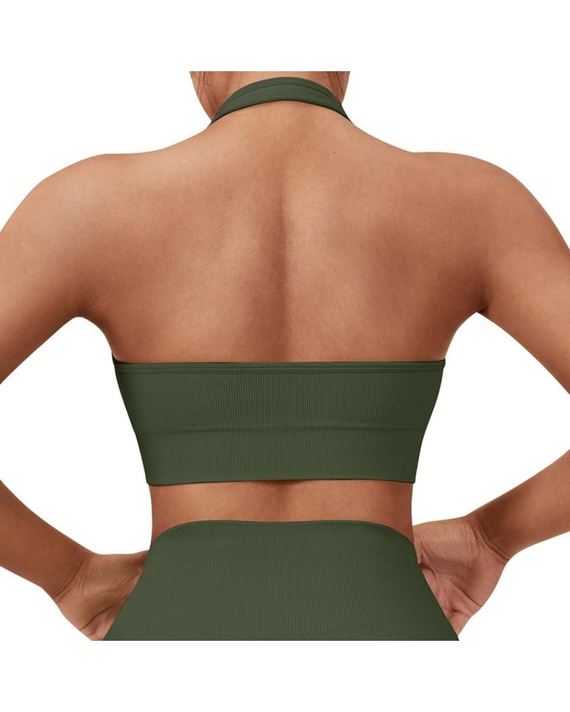 Women Seamless Halter Sports Bra Open Back Padded Workout Crop Tank Tops Army Green $14.99 Lingerie