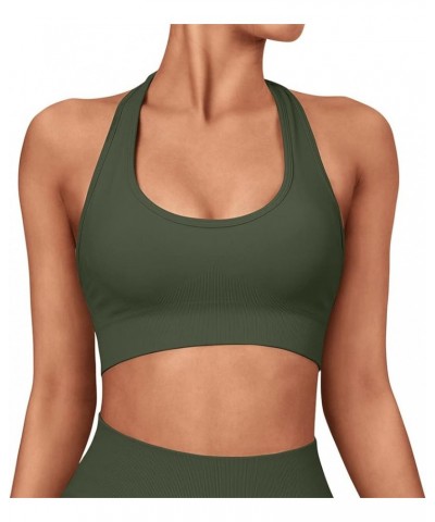 Women Seamless Halter Sports Bra Open Back Padded Workout Crop Tank Tops Army Green $14.99 Lingerie