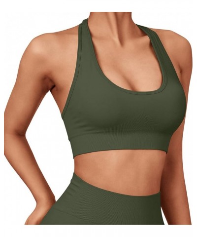 Women Seamless Halter Sports Bra Open Back Padded Workout Crop Tank Tops Army Green $14.99 Lingerie