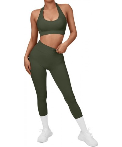 Women Seamless Halter Sports Bra Open Back Padded Workout Crop Tank Tops Army Green $14.99 Lingerie