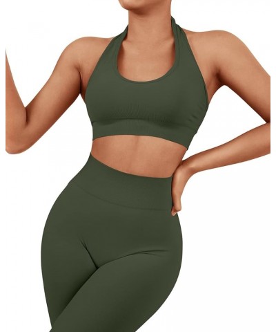 Women Seamless Halter Sports Bra Open Back Padded Workout Crop Tank Tops Army Green $14.99 Lingerie