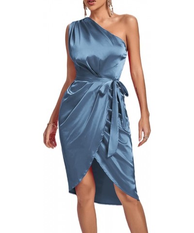 Women's Satin One Shoulder Shoulder Ruched Sleeveless Split Wrap Hem Self Belted Midi Dress Grey Blue $22.50 Dresses
