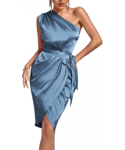 Women's Satin One Shoulder Shoulder Ruched Sleeveless Split Wrap Hem Self Belted Midi Dress Grey Blue $22.50 Dresses