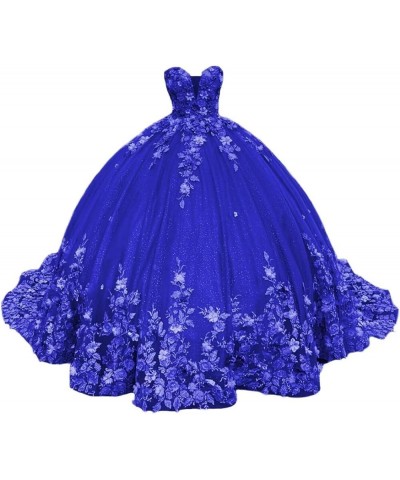 Women's Sweetheart Quinceanera Dresses Ball Gowns 3D Flowers Lace Prom Dress Strapless Tulle Sweet 15 16 Dress XY071 Royal Bl...