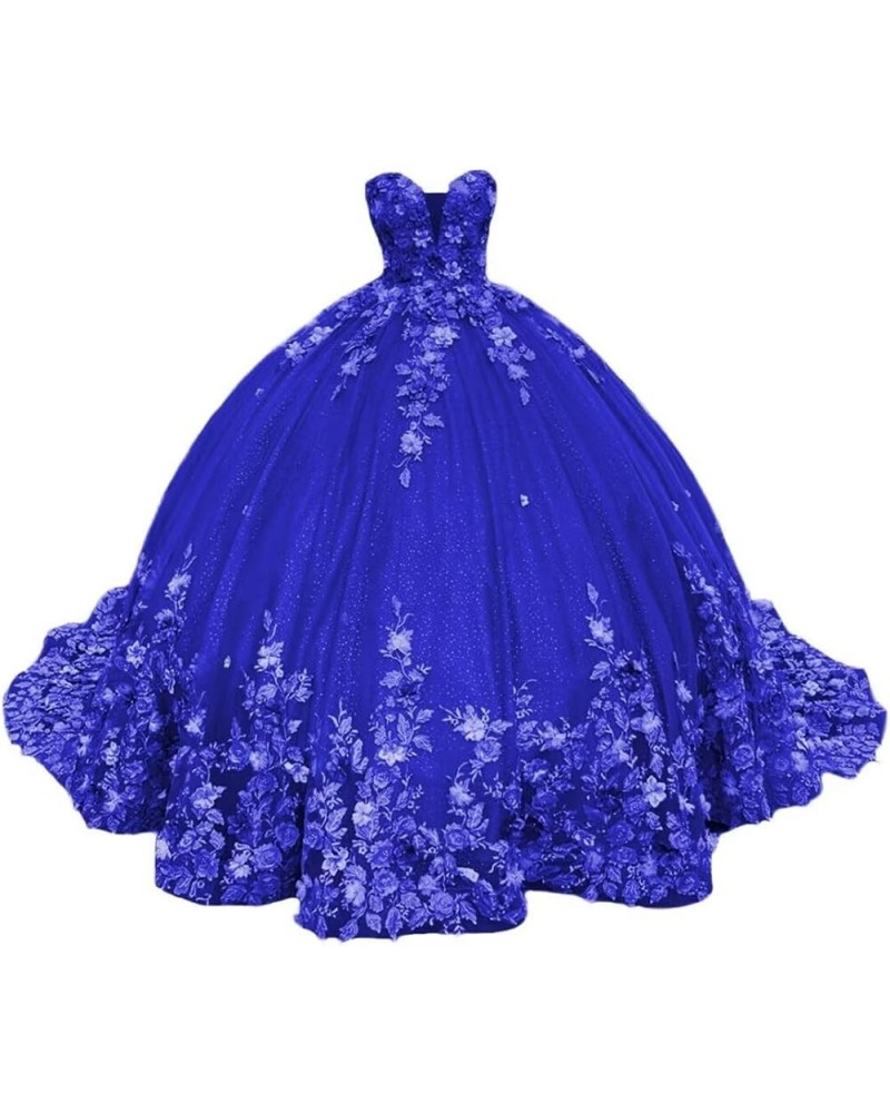 Women's Sweetheart Quinceanera Dresses Ball Gowns 3D Flowers Lace Prom Dress Strapless Tulle Sweet 15 16 Dress XY071 Royal Bl...