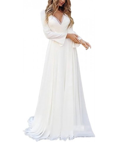 Boho Chiffon Illusion Back Long Sleeve Wedding Dress Simple V-Neck Appliques Bridal Gown A-ivory $43.64 Dresses