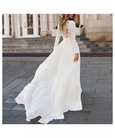 Boho Chiffon Illusion Back Long Sleeve Wedding Dress Simple V-Neck Appliques Bridal Gown A-ivory $43.64 Dresses