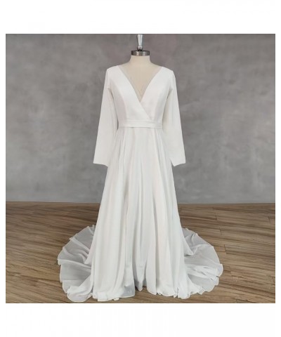 Boho Chiffon Illusion Back Long Sleeve Wedding Dress Simple V-Neck Appliques Bridal Gown A-ivory $43.64 Dresses