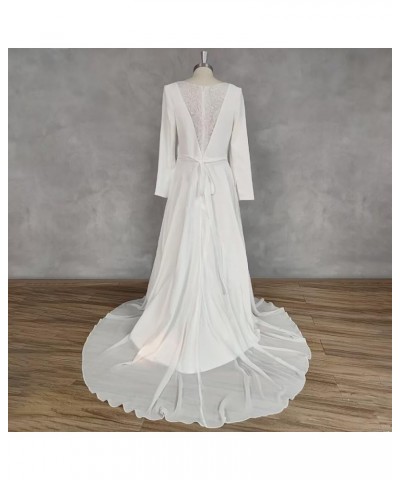 Boho Chiffon Illusion Back Long Sleeve Wedding Dress Simple V-Neck Appliques Bridal Gown A-ivory $43.64 Dresses