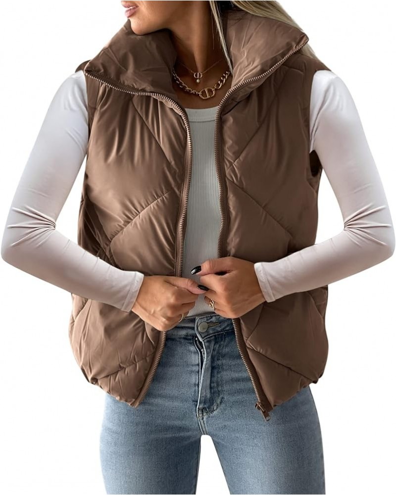 Womens Quilted Cropped Puffer Jacket Long Sleeve Full Zipper Pocketed Warm Short Bubble Coats S Brown $30.15 Jackets
