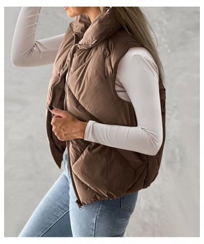Womens Quilted Cropped Puffer Jacket Long Sleeve Full Zipper Pocketed Warm Short Bubble Coats S Brown $30.15 Jackets