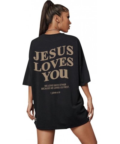Jesus Loves You Round Neck Oversized Jesus is King T Shirts Half Sleeve Drop Shoulder Tee Black $10.19 T-Shirts