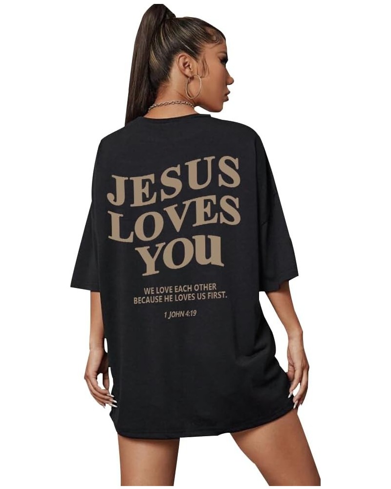 Jesus Loves You Round Neck Oversized Jesus is King T Shirts Half Sleeve Drop Shoulder Tee Black $10.19 T-Shirts