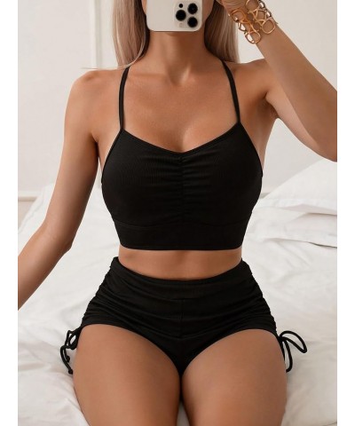 Women's Tie Dye Bathing Suit Drawstring High Waisted Bikini Sets Swimsuit Black Solid $13.15 Swimsuits