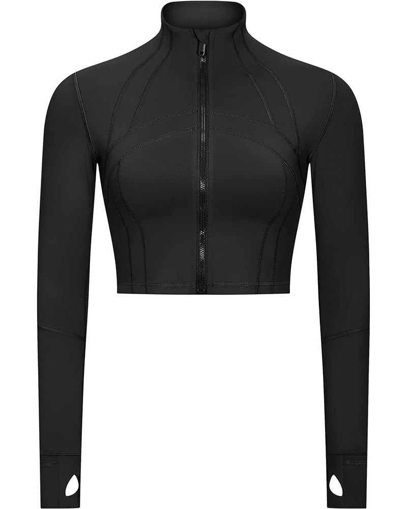 Women's Running Full Zip Lightweight Workout Jacket Cropped Slim Fit Tops Gym Yoga Clothes with Thumb Holes Black $12.30 Jackets