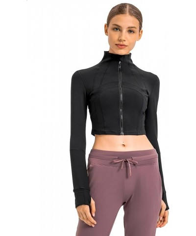 Women's Running Full Zip Lightweight Workout Jacket Cropped Slim Fit Tops Gym Yoga Clothes with Thumb Holes Black $12.30 Jackets