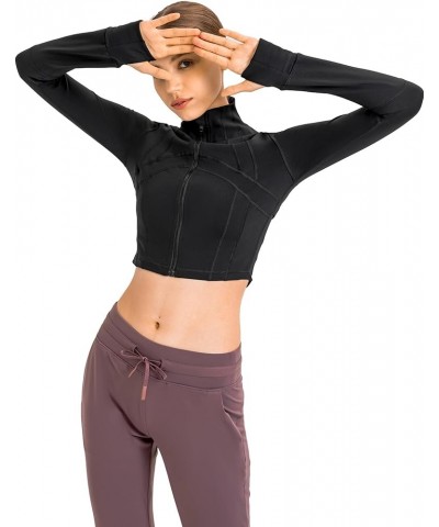 Women's Running Full Zip Lightweight Workout Jacket Cropped Slim Fit Tops Gym Yoga Clothes with Thumb Holes Black $12.30 Jackets