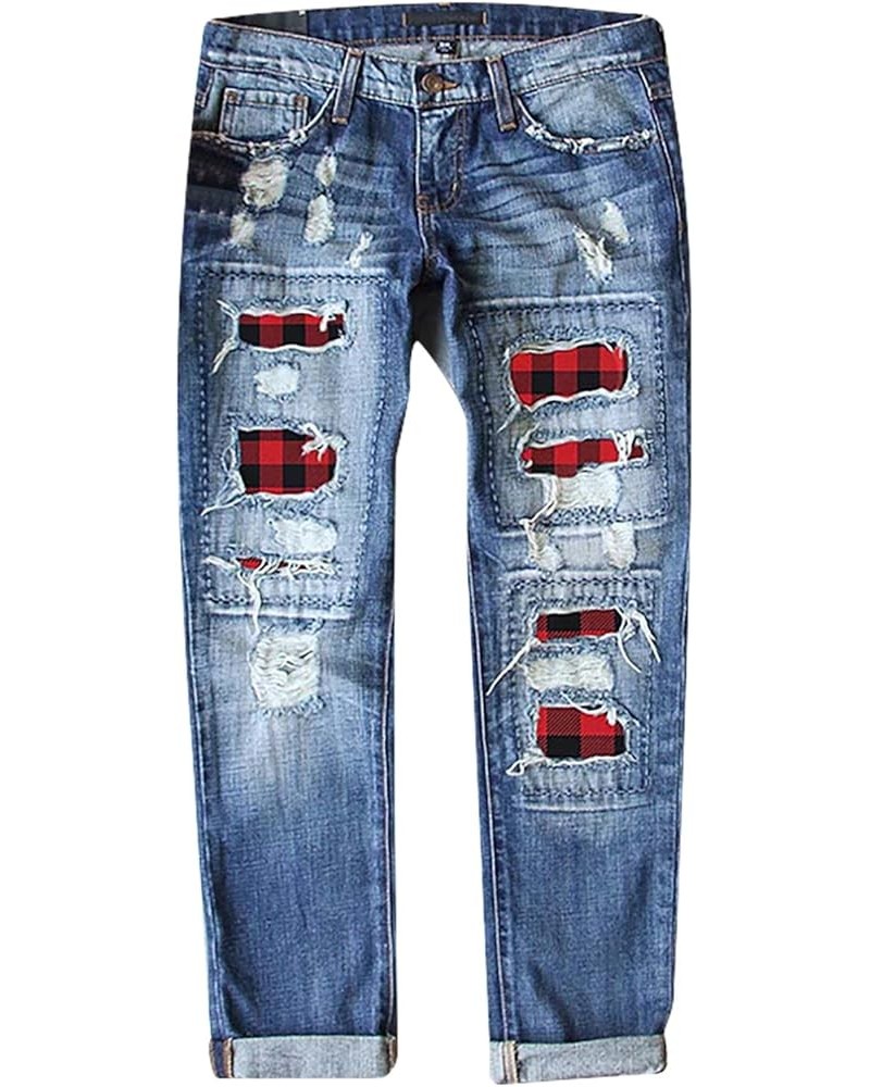 Boyfriend Jeans for Women Ripped Jeans, Womens Stretch Skinny Distressed Leopard Plaid Patch Pants Denim with Hole Red $16.66...