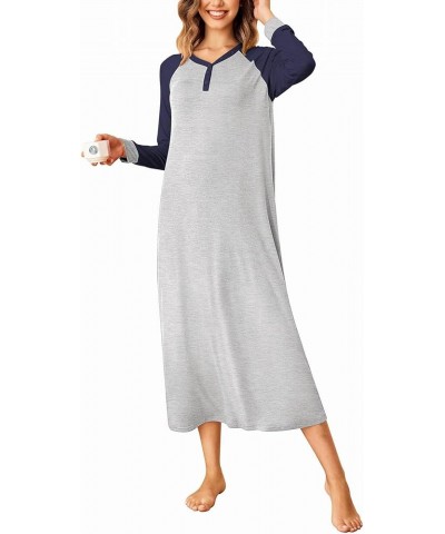 Nightgown Long Sleeve for Women Sleepwear V Neck Loungewear Button Full Length Nightshirt A-navy Blue $16.20 Sleep & Lounge