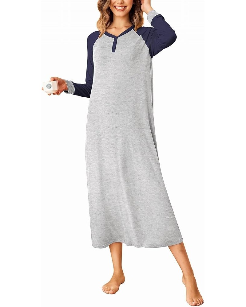 Nightgown Long Sleeve for Women Sleepwear V Neck Loungewear Button Full Length Nightshirt A-navy Blue $16.20 Sleep & Lounge