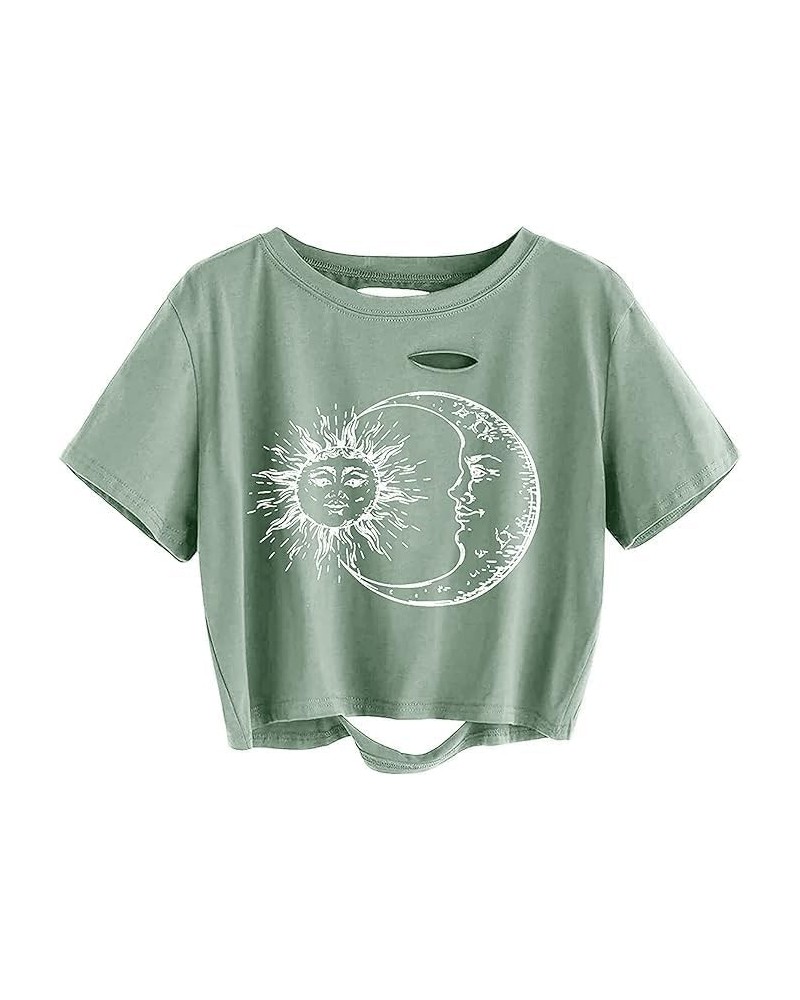 Women Ripped Oversize Crop Tops Short Sleeve Summer Casual Tee Shirts Sun Green $11.04 Tops