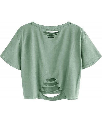 Women Ripped Oversize Crop Tops Short Sleeve Summer Casual Tee Shirts Sun Green $11.04 Tops