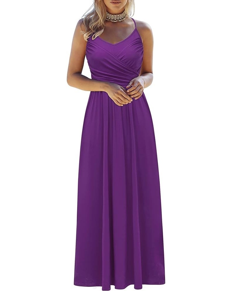 Women's Summer Casual Flowy Spaghetti Strap V Neck Pockets Party Beach Maxi Dress Purple $24.35 Dresses