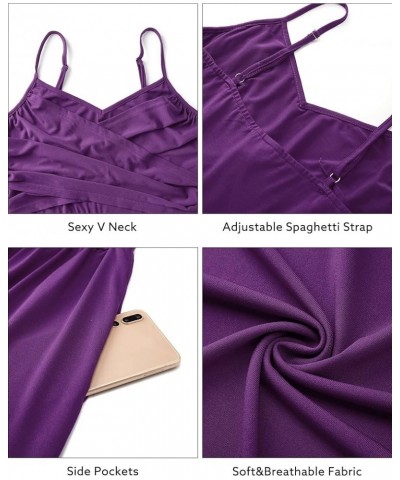 Women's Summer Casual Flowy Spaghetti Strap V Neck Pockets Party Beach Maxi Dress Purple $24.35 Dresses