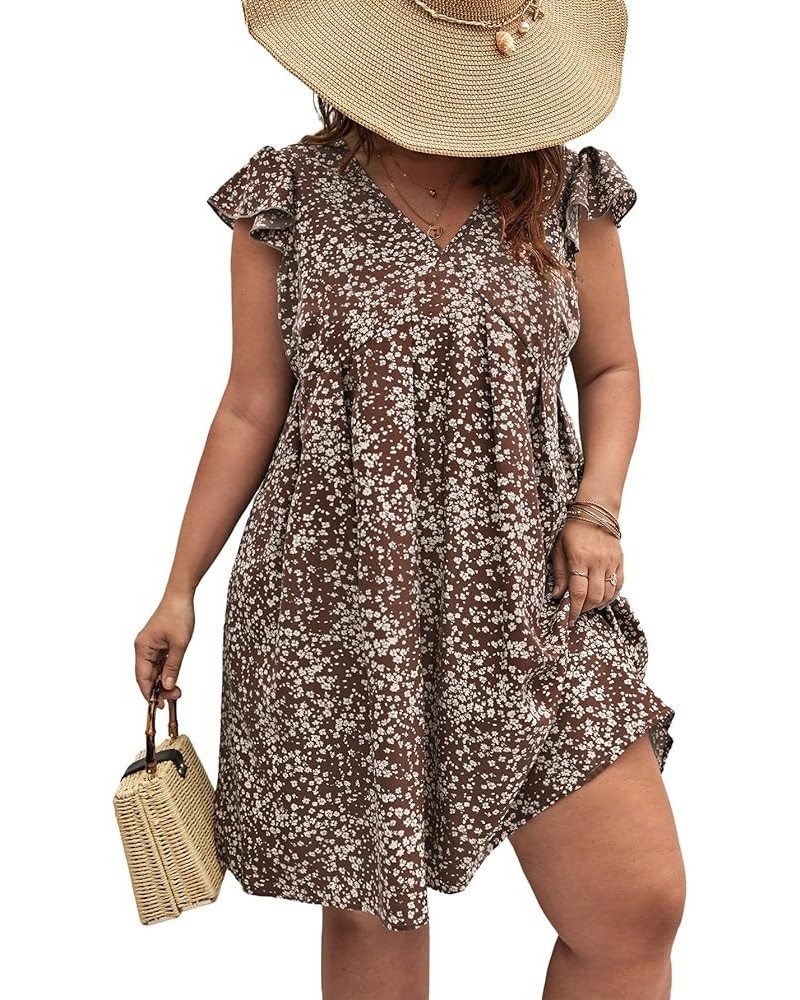 Women's Plus Size Ditsy Floral Print Ruffle Trim Flared Mini Dress Coffee Brown $15.96 Dresses